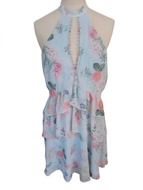 Express Light Blue Halter Mini Dress Floral Print Keyhole Collar Ruffles Size S